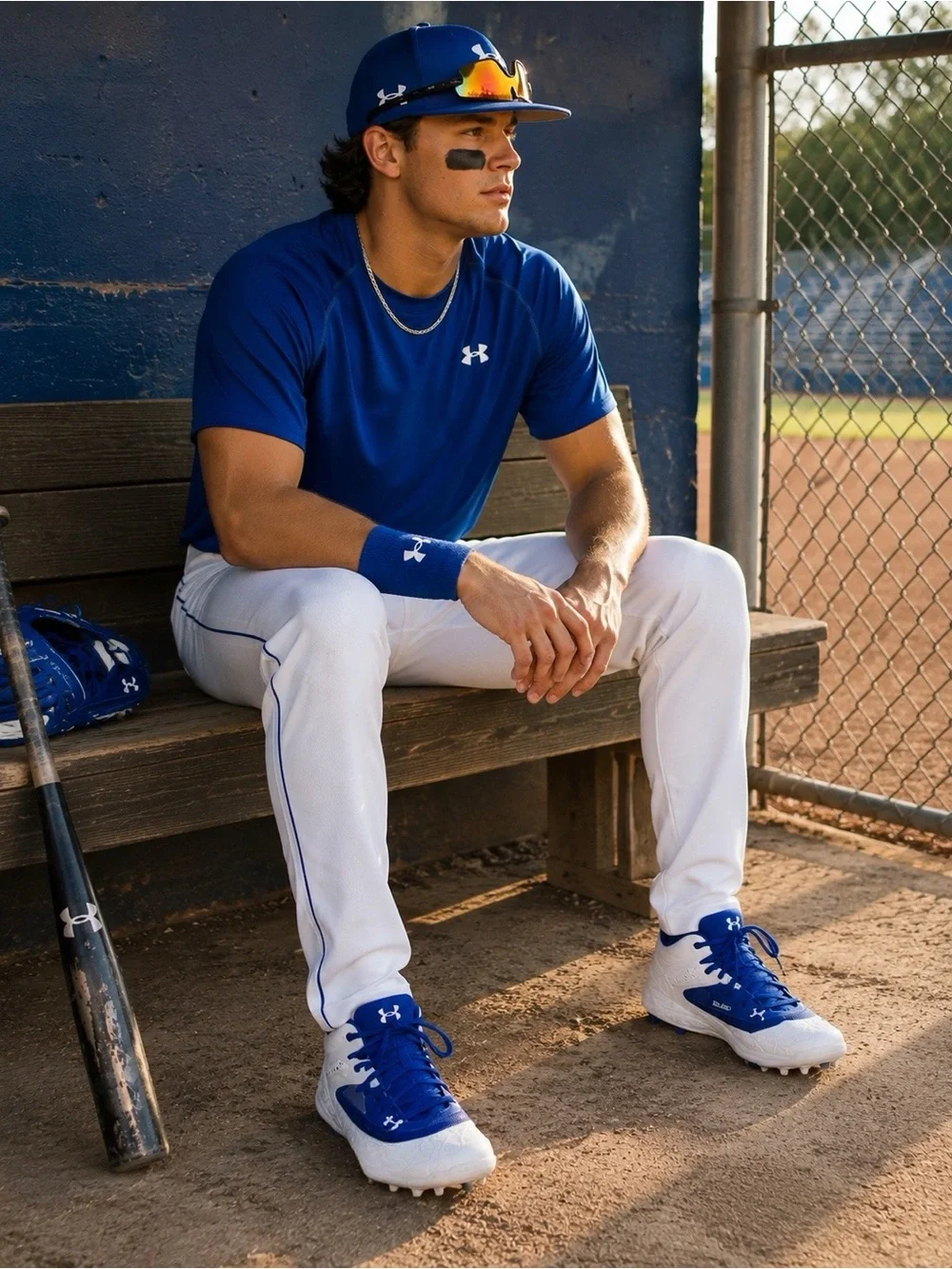Under Armour Men’s 7 BSBL Mid Baseball Cleats Blue White Molded EUC